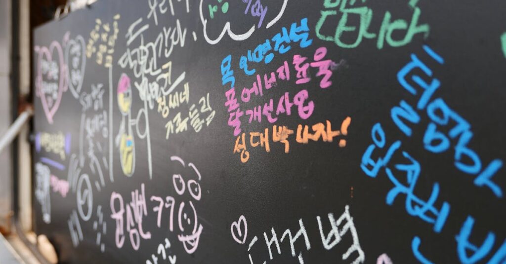 Vibrant chalk messages and drawings on a blackboard, showcasing expressive handwriting.